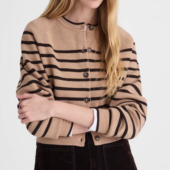 Madewell Sweaters - Madewell Raglan-Sleeve Cropped Cardigan in Merino Wool Hthr Camel Stripe Large